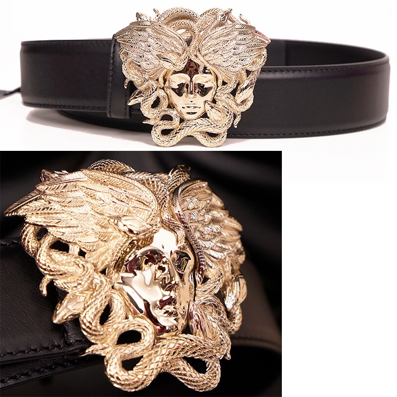 Pre-owned Versace 36/90 $900  Men's Winged Medusa Large Buckle Black Leather Belt