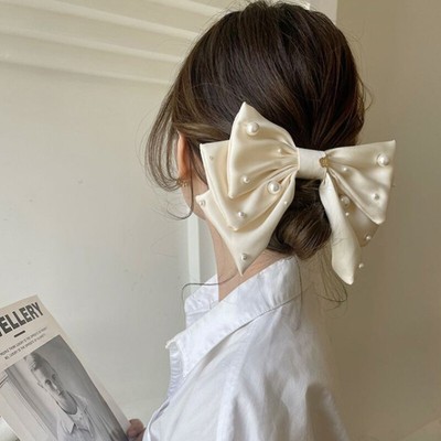 Large Bow Faux Pearl Hair Clip Elegant French Barrette Hair AccessoriJO