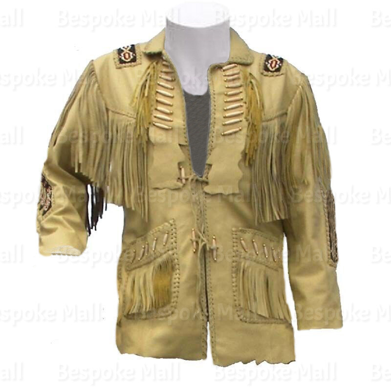 Pre-owned Handmade Men's Cowboy Western Style Beige Leather Jacket With Fringes, Bone,beads-506