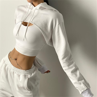 Women Long Sleeve Loose Short Crop Top Hoodie Solid Hooded Pullover Workout  Tops