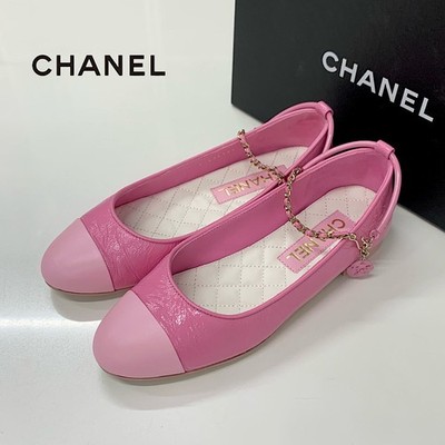 Chanel Coco Mark Camellia Leather Wrinkled Chain Strap Flat Shoes Pink 35.5