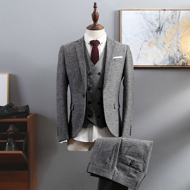 Men's Tweed Wool Blend Suit Tailored Wedding Tuxedo Slim Fit Formal Party Blazer