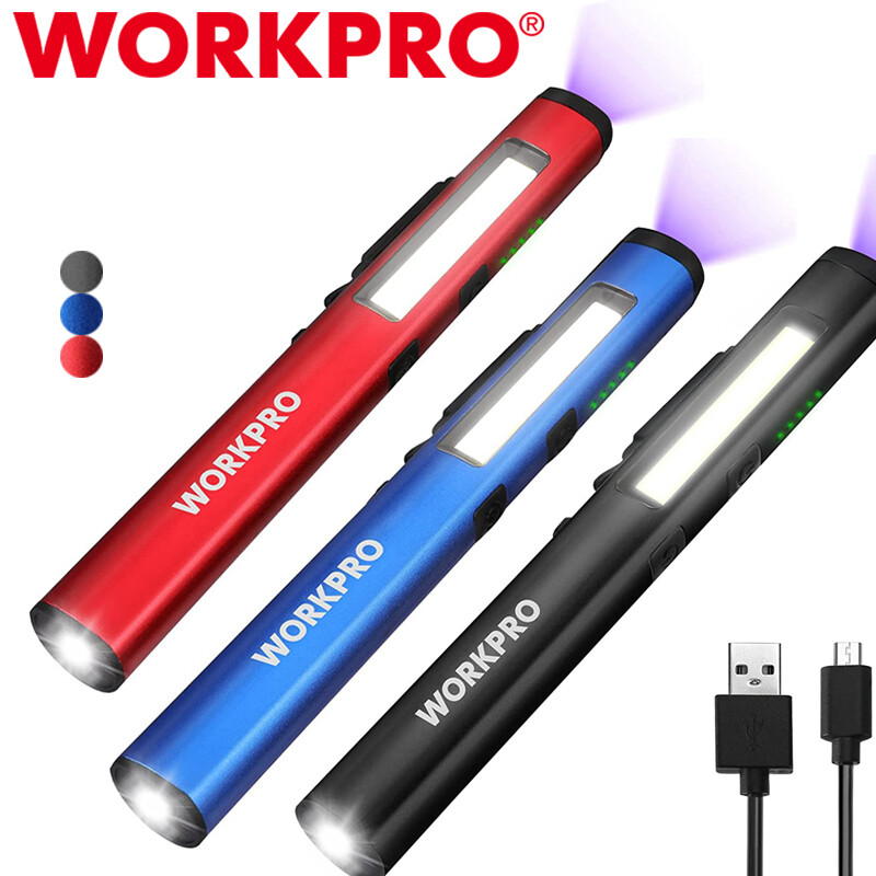 WORKPRO 450 Lumen Pen Light LED Pocket Flashlight UV Black Light USB Rechargable