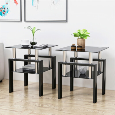 Modern Set of 2 Tempered Glass 2 Layer Tea Table Coffee Table & Square End Table