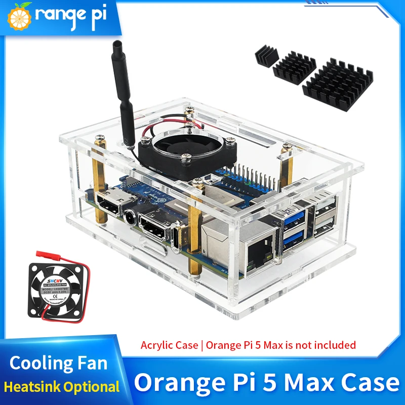Orange Pi 5 Max Acrylic Case Transparent Shell Protective Box Cooling Fan Alumin