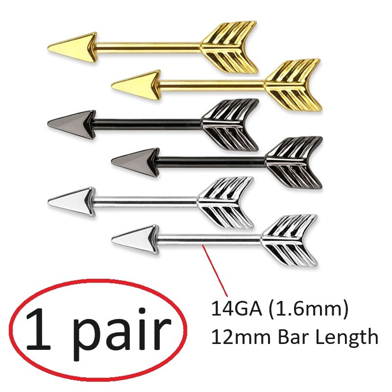 Pair of Arrow Shape Nipple Bars * 14GA(1.6mm) x 12mm Stainless Steel Bar