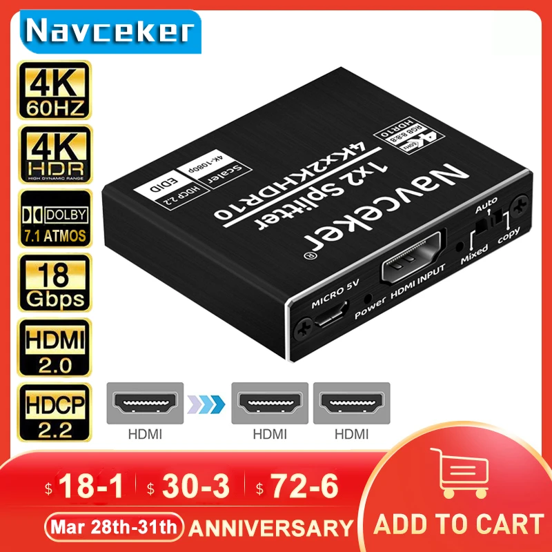 1x2 4K 60Hz HDMI-compatible Splitter 1 in 2 Out Video Distributor Amplifier Dual