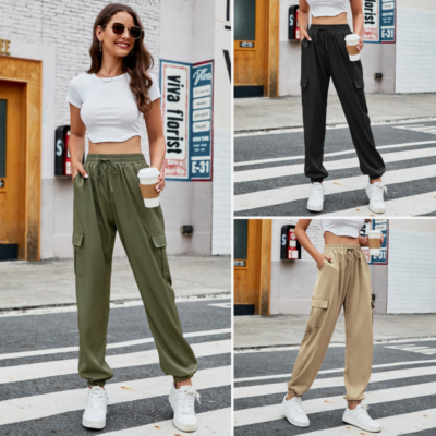 Women's Pants Summer Versatile Lace Up Loose Cargo Pants Casual Pocket  Leggings