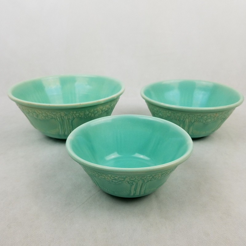 Vintage Homer Laughlin Apple Tree Mixing Bowl Set 3 Pc Green Turquoise 1930's