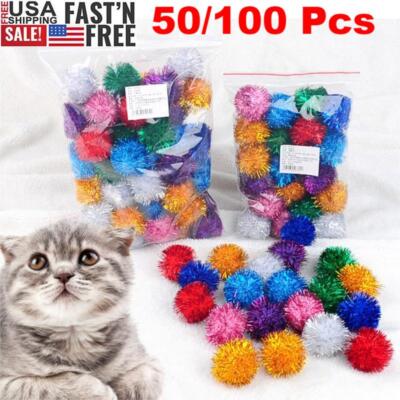 100pcs Sparkle Fluffy Ball Cat Toy Tinsel Pom Poms Glitter Interactive Toy 35mm