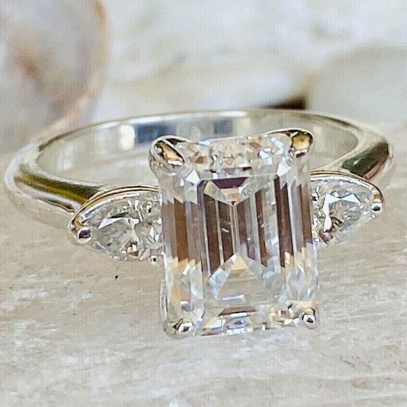3.50Ct Emerald Cut Three Stone Moissanite Engagement Ring 14k White Gold Plated