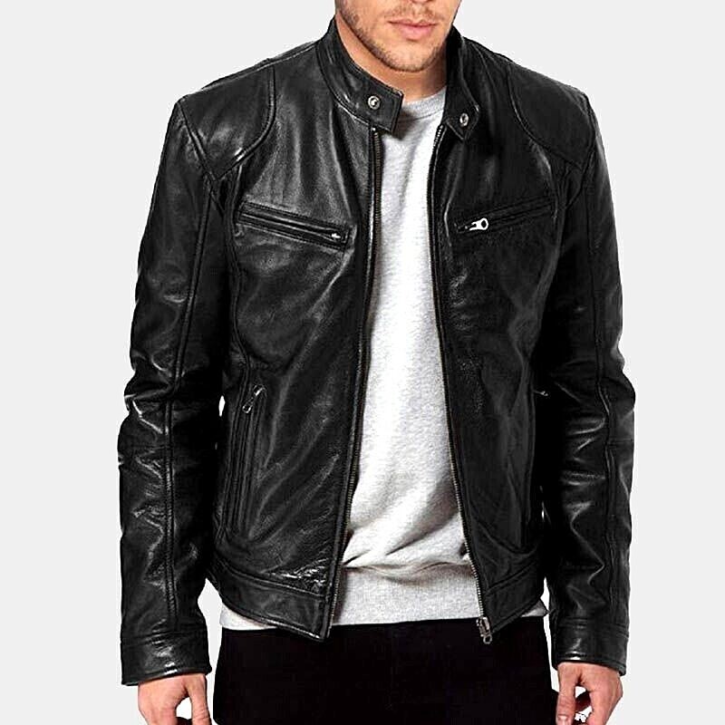 CAFÉ RACER RETRO Men's Leather Jacket Motorcycle Biker Black Real Sheepskin