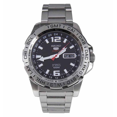 Pre-owned Seiko 5 Sports Srp683k1 Gmt Automatic Men Watch World Time Steel Black Day Date