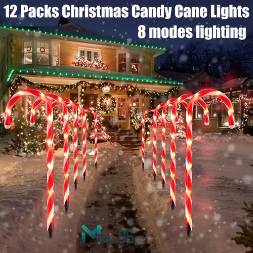 12-PCS 8 Modes Christmas Candy Cane Lights with Stake Pathway Markers Yard Decor