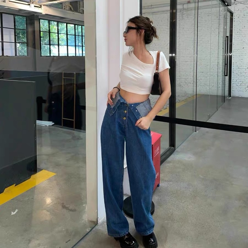 Ladies Denim Pants Wide Leg Trousers Jeans Retro Casual Extra High Waist Fashion