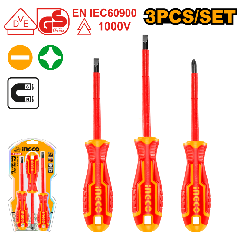 SET 3 CACCIAVITI CACCIAVITE ISOLATI 1000V PER ELETTRICISTA ELETTRICISTI INGCO