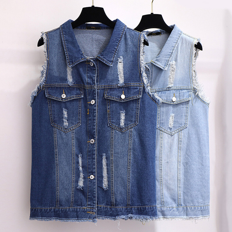 Women Ripped Distressed Denim Gilet Waistcoat Sleeveless Jacket Biker Coat