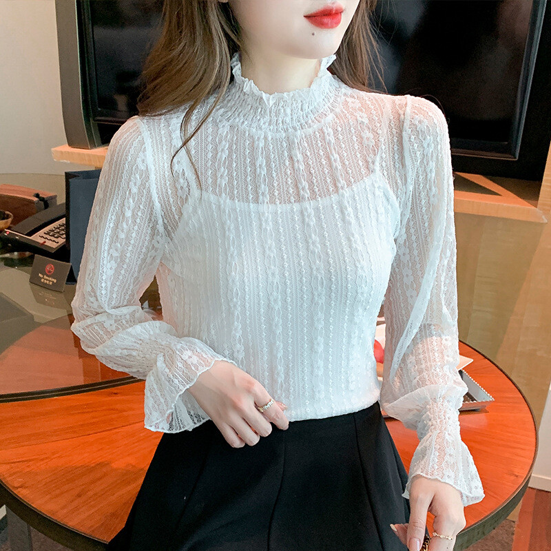 Women Lace Floral Shirt Mesh Sheer Blouse See Through Sexy Ruffle