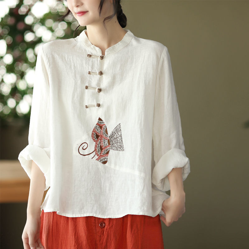 Donna Cinese Tè Camicia Maglietta Mezza Bottoni Manica Lunga Ricamo Hanfu Casual