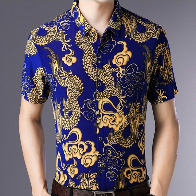 Men Shirt Print Gold Dragon Pattern Short Sleeve Button Down Top Slim Casual