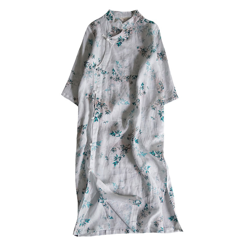 Damen Cheongsam Qipao Tee Kleid Midi Mandarinkragen Ethnisch Retro Locker Neu