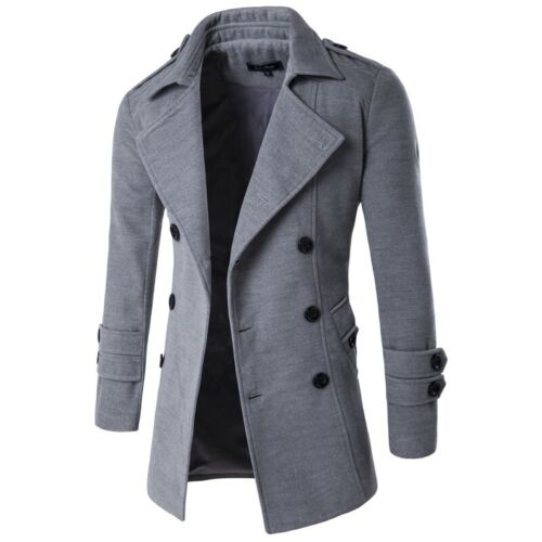 Men's Wool Winter Jackets Double Breasted Long Trench Coats Slim Fit ...