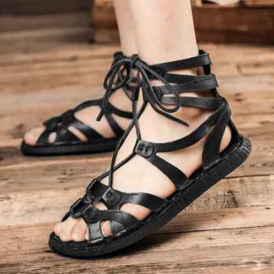 Roman Style Sandals Ankle Boots Open Toe Hollow Out Lace Up Men's Shoes Flats 44