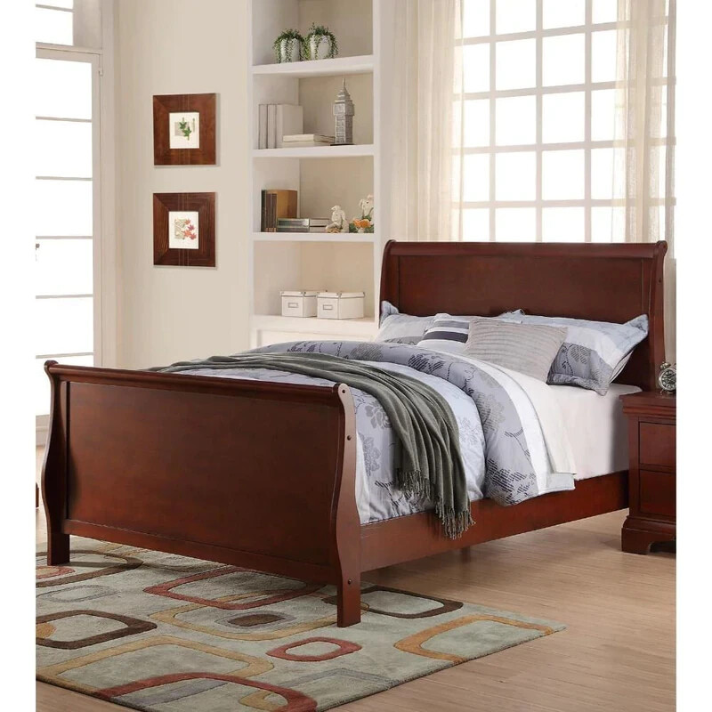 Modern Cherry Full Size Bed Curved Frame Bedroom Wooden Furniture