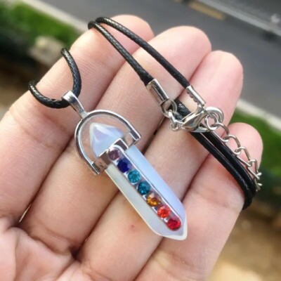 Healing 7 Chakra Natural Opal Stone Necklace Hexagonal Pillar Pendant Men Women