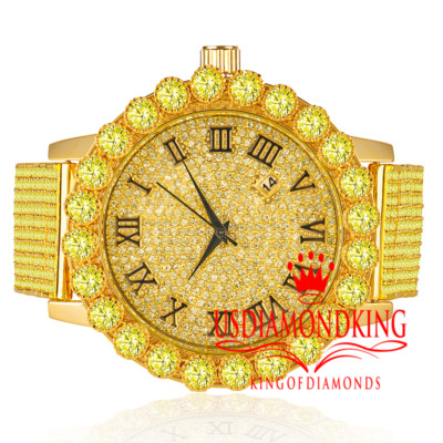 Pre-owned Usdiamondking Canary Mens Gold Tone Solitaire 10 Row Custom Band Roman Dail Lab Diamond Watch