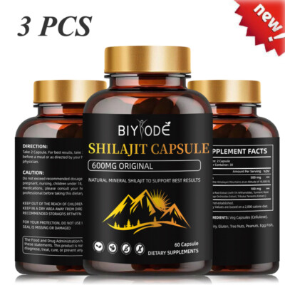   Pure Shilajit 600mg 60 Caps Asphaltum Naturally Occurring Fulvic Acid Non GMO 