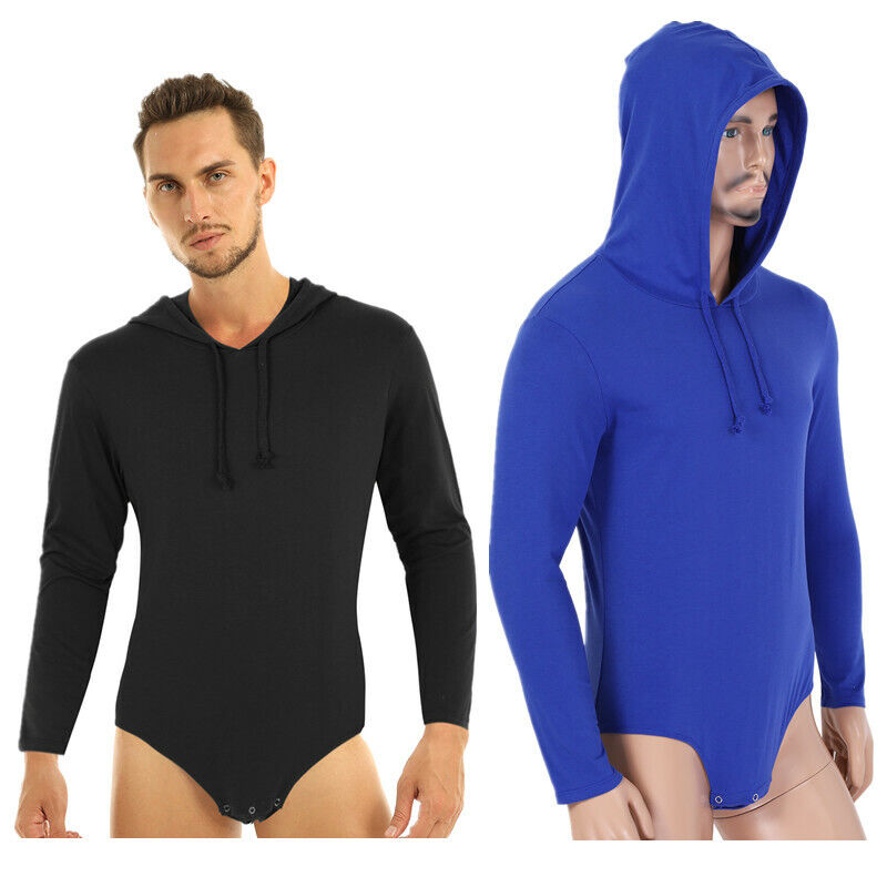 Men/'s All In One Long Sleeve Hooded Jumpsuit Bodysuit Leotard Shorts Underwear