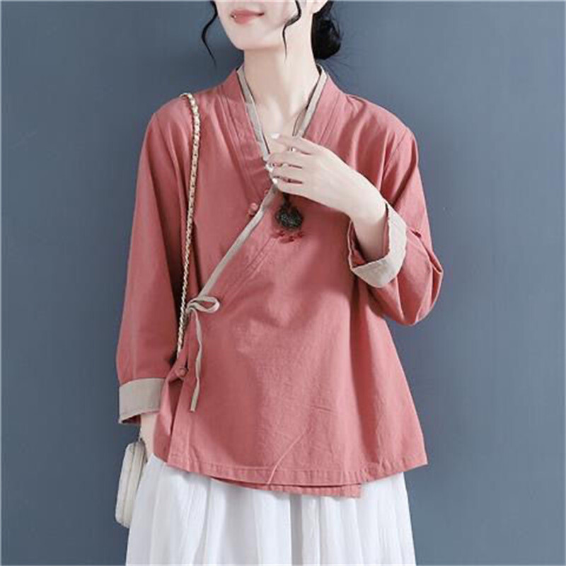 Damen Leinenmischung Bluse V-Ausschnitt Langarm Chinesische Traditionell Shirt
