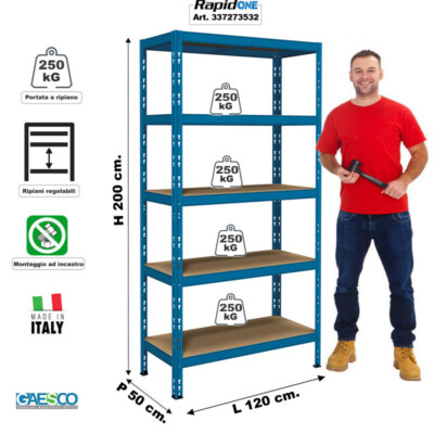 Scaffale in metallo montaggio veloce - 5 Ripiani | L.120x P.50xH.200| BLU