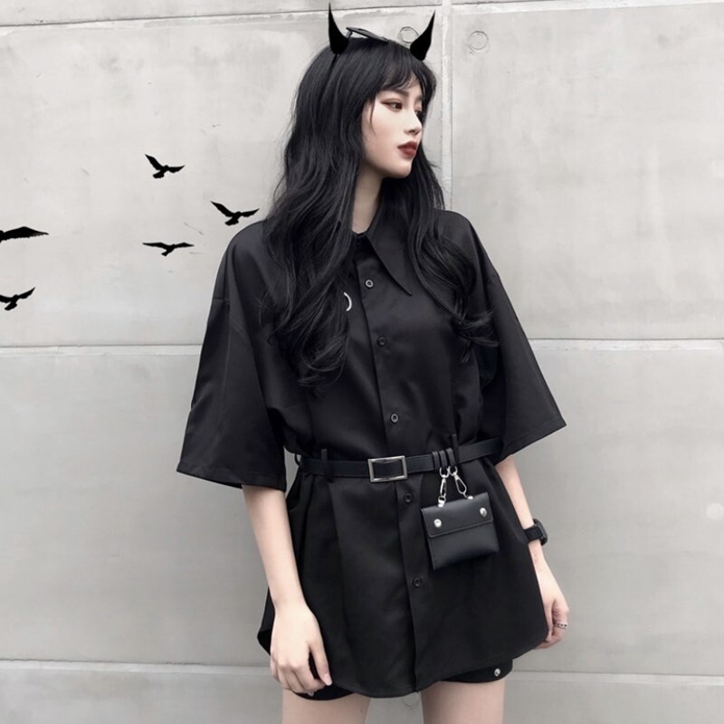 Women Blouse Shirt Top Short Sleeve Black Harajuku Loose Goth Punk with Belt