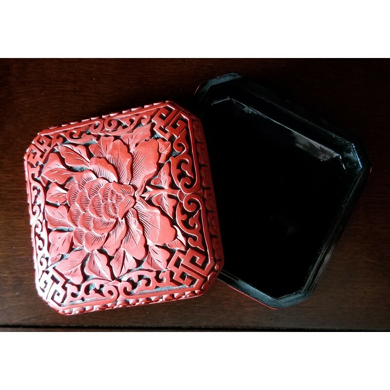 Carved Chinese Chrysanthemum Cinnabar Square Gift Box