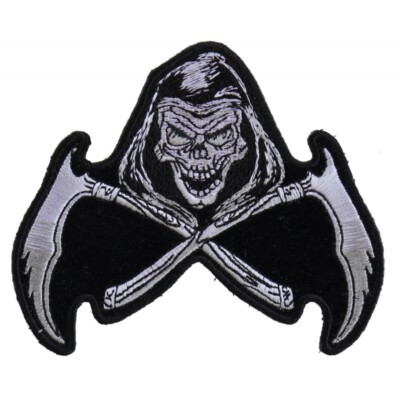 Embroidered Patch (Iron-On), Grim Reaper Skull Scythe (White on Black)