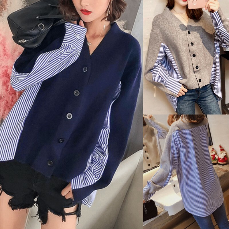 Women's Asymmetrical Coat Jacket Knit Striped Shirt Patchwork Button Casual
