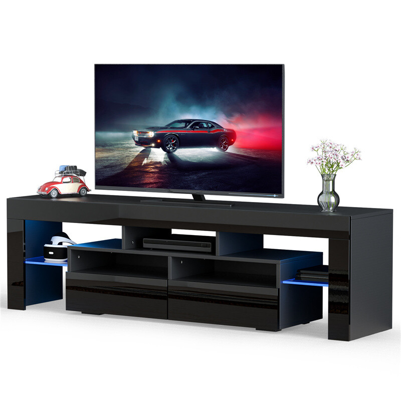 Led Media Console Cabinet With Glass Shelves Drawer