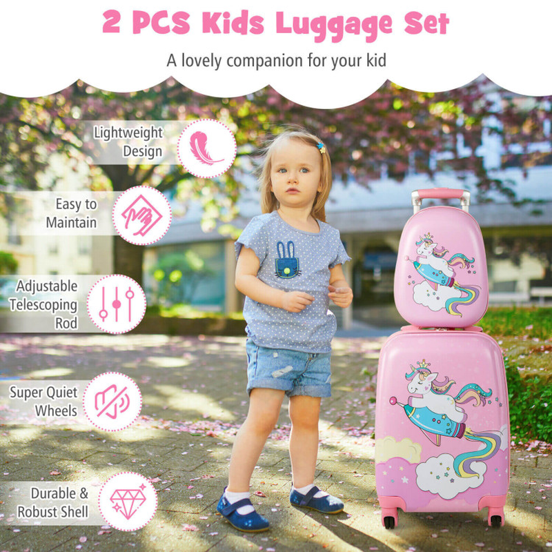 Kids Luggage Set 2-PC 18-In Rolling Spinner Suitcase 12-In Backpack Pink Unicorn
