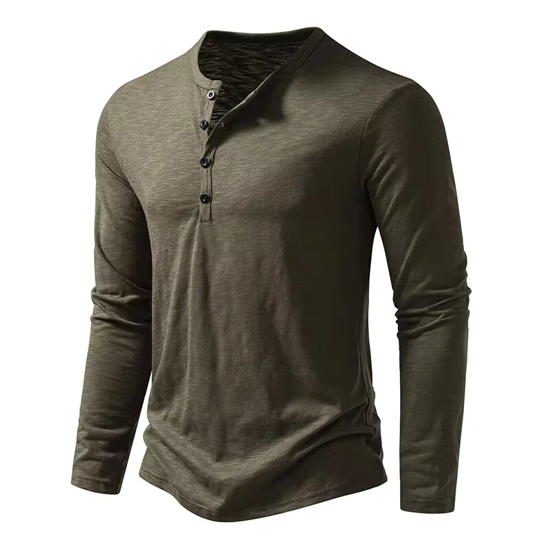 Men's Shirt Cotton Henley Neck T-Shirts Long Sleeve Casual Button Plain 25% OFF