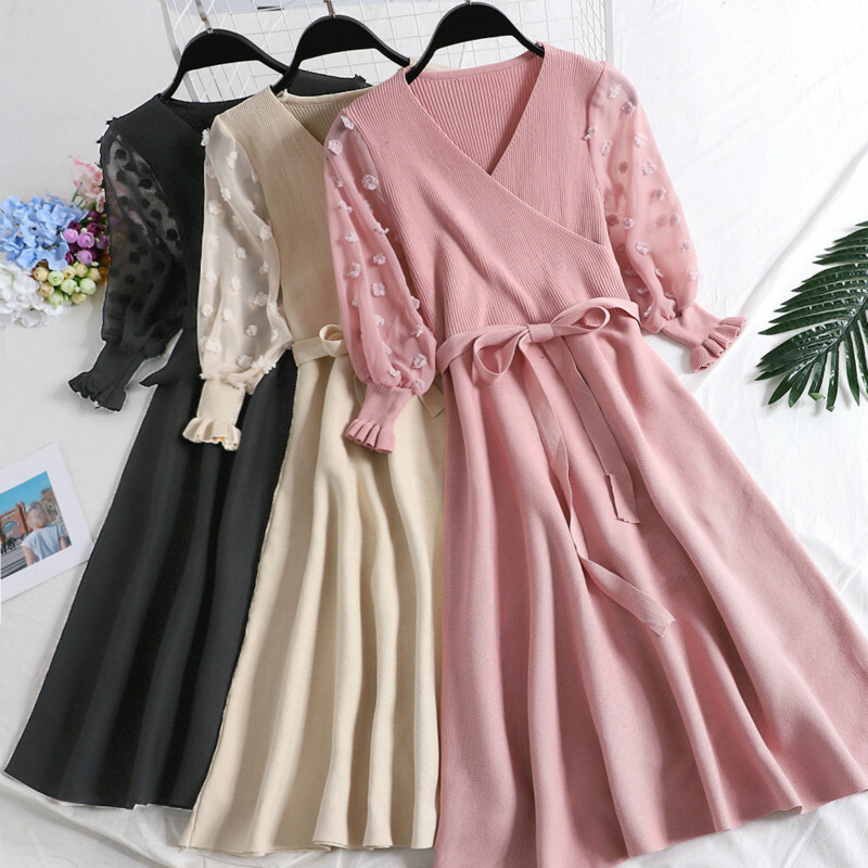 Robe Pull Midi Col V Manches Bouffantes A-Line Taille Unique Neuf