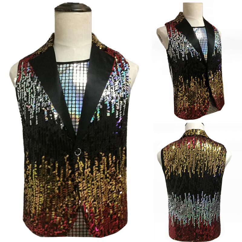 Hommes Sequin Gilet sans Manche Cran Revers Veste Gilet Gilet Déguisement