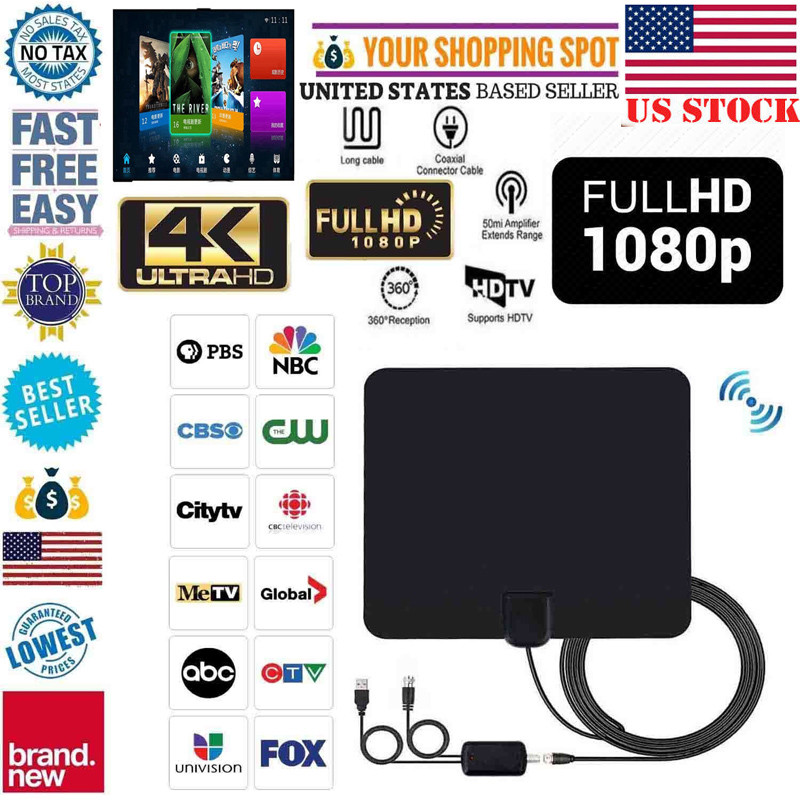 Ultra Thin Flat HDTV Amplified HD TV Signal Antenna 16Feet Coax 200 Mile Black