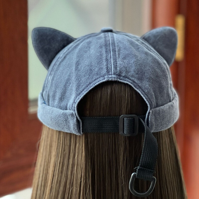 Lady Brimless Skull Cap Denim Cotton Hat Retro Cute Cat Ear Rolled Cuff Beanie