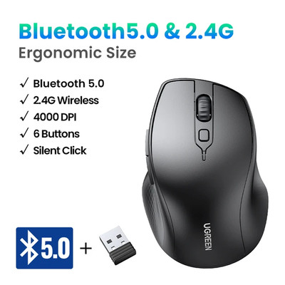 UGREEN Wireless Mouse Bluetooth 5.0 Ergonomic 4000 DPI 6 Mute Buttons