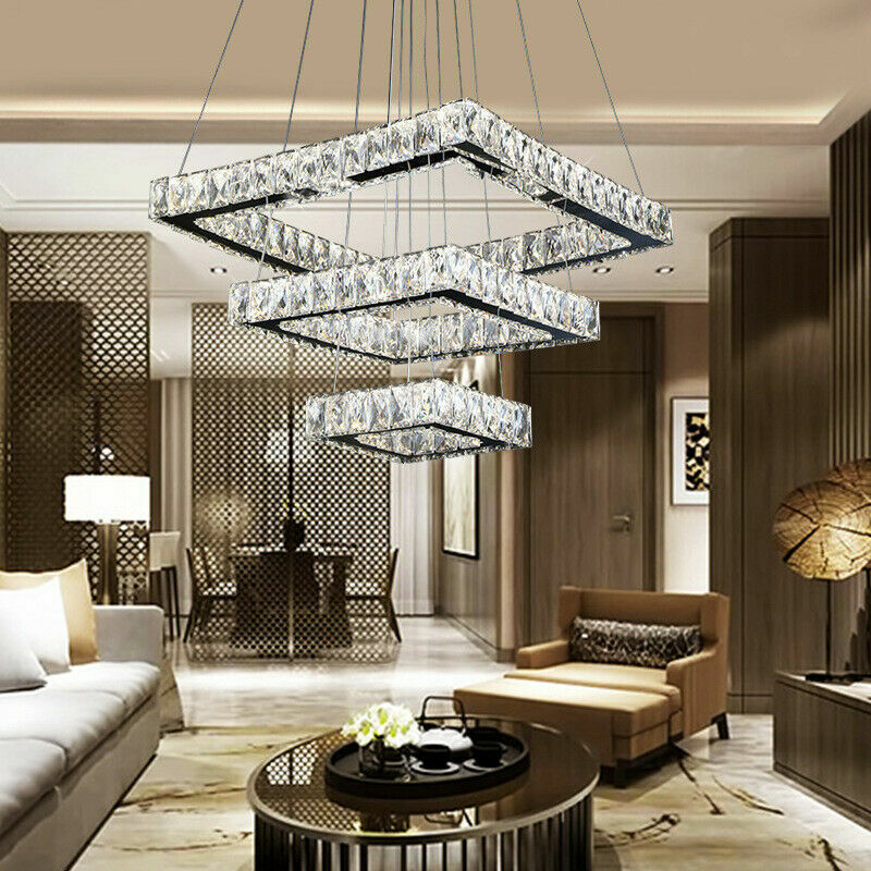 Modern Chandelier 2/3 Tier Square LED Ceiling Hanging Light Crystal Pendant Lamp