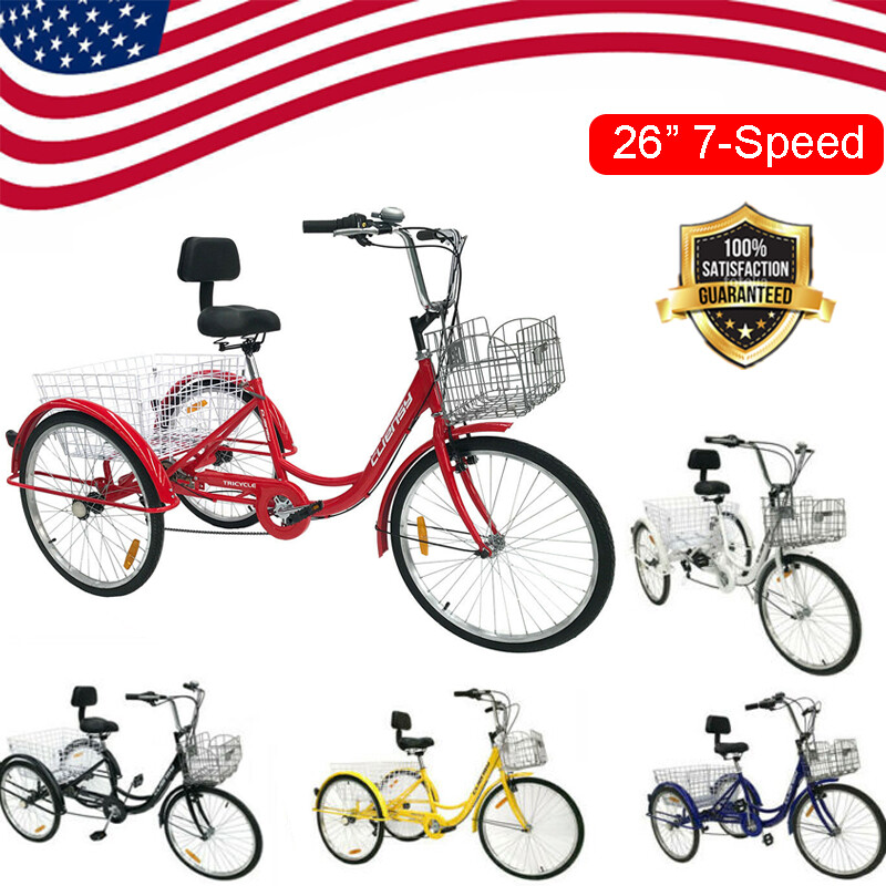 Double Basket 26/" Adult Tricycle 3-Wheel Shinmo 7 Speed Bicycle Trike Yellow US