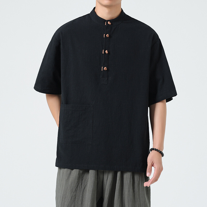 Herren Kurzärmelig Chinesisch Freizeit Hemd Frosch Knöpfe Bluse Tang Anzug M-5XL
