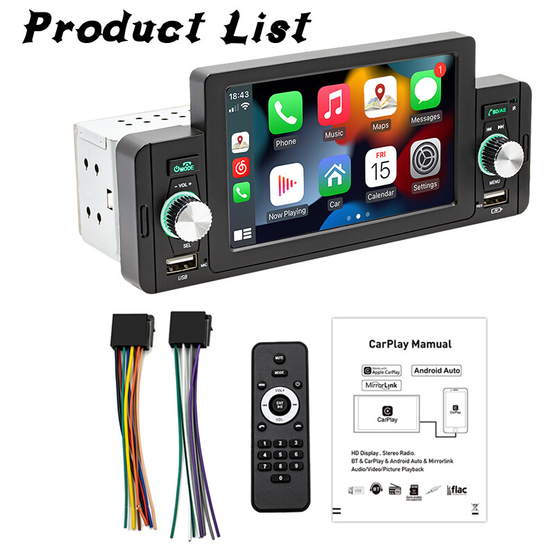 1 DIN 5'' Car Stereo Built-in Carplay Android auto MP5 Player Mirror Link Radio